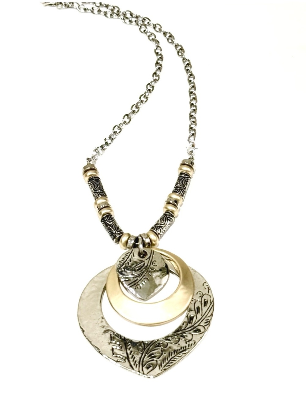 CHICO’S Silver & Gold two-Tone Boho Layered Pendant Statement Necklace | NWOT